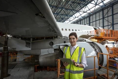 Female aircraft maintenance engineer using digital tablet Stock Photos