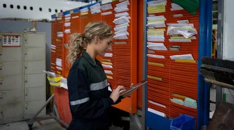Female aircraft maintenance engineer using digital tablet Stock Photos