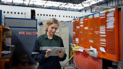 Female aircraft maintenance engineer using digital tablet Stock Photos