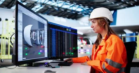 Female Aircraft Technician Developing 3D Engine Models In Aerospace Industry 스톡 사진