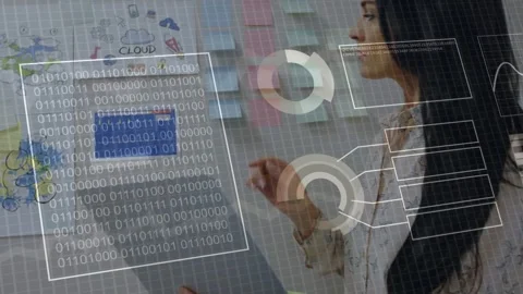 Female analyst holding tablet tapping rings and manipulating UI over binary Stock Footage 335739891