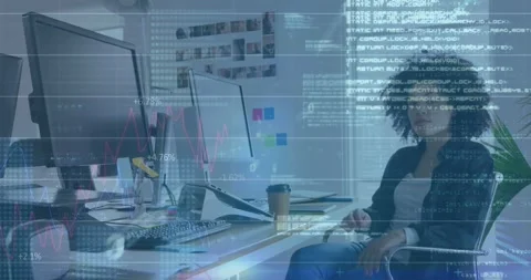 Female analyst reaching tablet, manipulating code overlays on monitors, Stock Footage 334316347