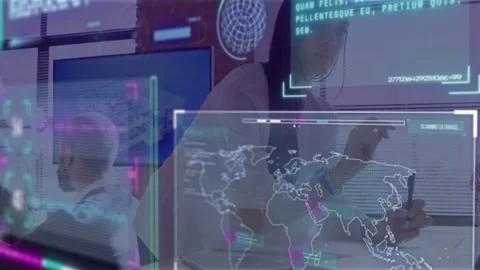 Female analyst tapping tablet, male coworker reviewing in office, AR world map Stock Footage 334788541