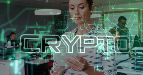 Female analyst tapping tablet summoning green crypto interface for finance Stock Footage 311901451