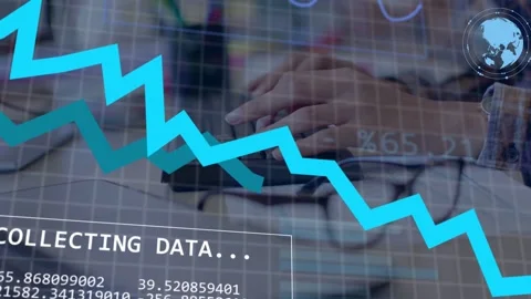 Female analyst typing, HUD labeled COLLECTING DATA appearing and blue line Stock Footage 335316955