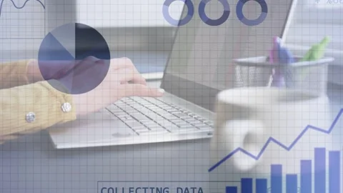 Female analyst typing on laptop, animating bar and line charts plus binary code Stock-Footage 333414092