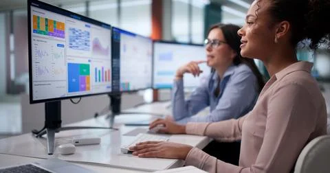 Female Analysts Evaluate Financial Data, Monitor Screens In Corporate Office. Stock Photos