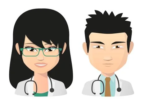 Female and male doctor asian avatar set Stock Illustration