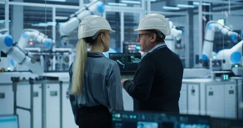 Female and Male Managers Working at Factory with Robotic Arms Stock Footage 319829665