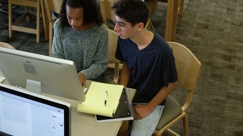 Female and a male student studying together with a computer Stock Footage