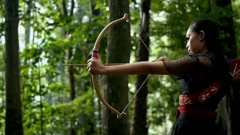 Female Archer Holding Bow Drawn, Aiming Steadily in Forest Stock Footage 334792178