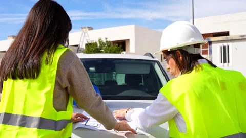 Female architect and engineer reviewing blueprints at a construction site Stock Footage 334632704