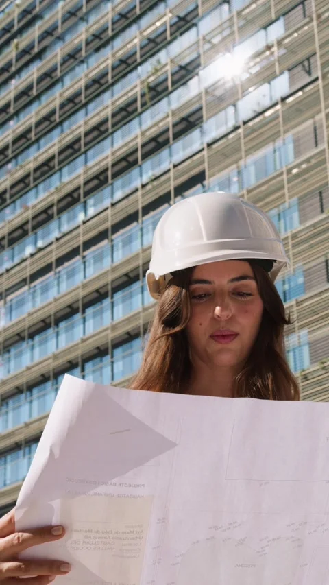 Female architect checking blueprints at construction site Stock Footage 343429086
