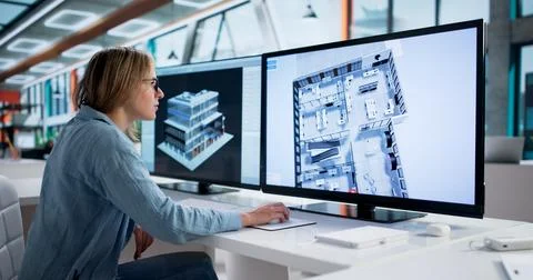 Female Architect Developing 3D Design Concept For Computer Development Projec Foto stock