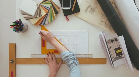 Female architect drawing on blueprint using rulers Stock Footage 63964243