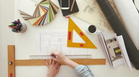 Female architect drawing on blueprint using rulers Stock Footage 63964655