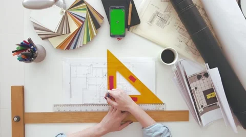 Female architect drawing on blueprint using rulers Stock Footage 63964739