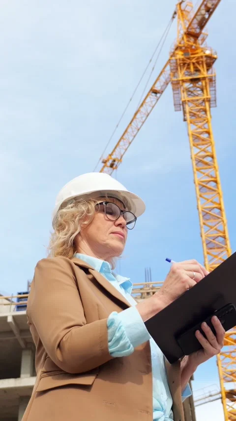 Female architect engineer inspecting building construction site Stock Footage 341185116