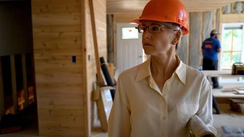 Female architect with hard hat doing walkthrough inspection of new house Fotos de archivo