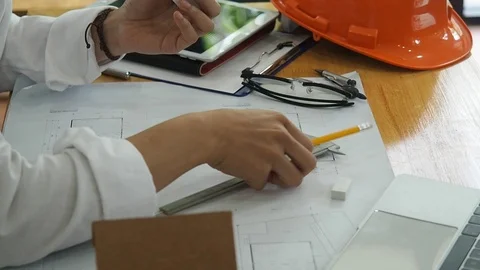 Female Architect Or Engineer use Vernier Caliper to measure the model house. Stock Footage 124404496