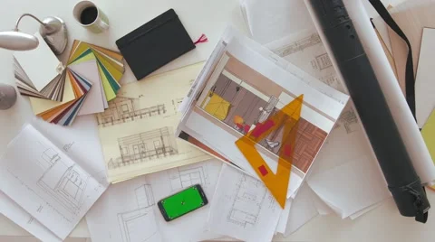 Female architect searching and taking blueprint Stock Footage 63965477