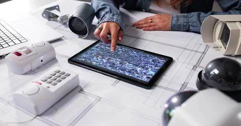 The Female Architect Is Using A High-tech Security Camera System. Stock Photos