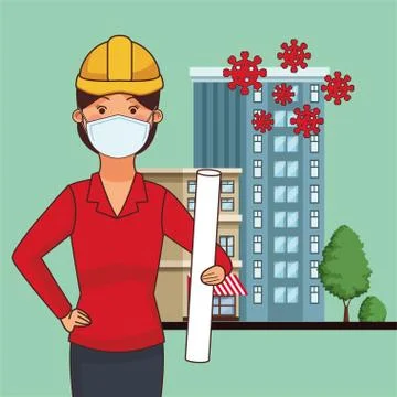 Female architect worker profession using face mask Illustrazione stock