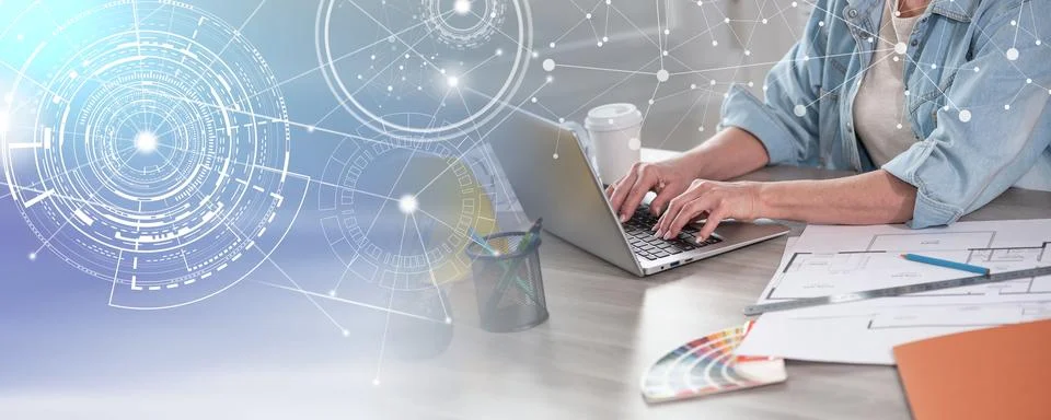 Female architect working on construction project; panoramic banner Stock Photos