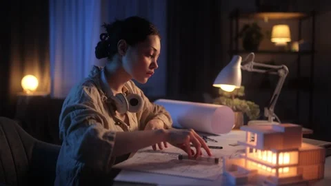 A female architect is working late into the night on design plans at her table Stock Footage 276553400