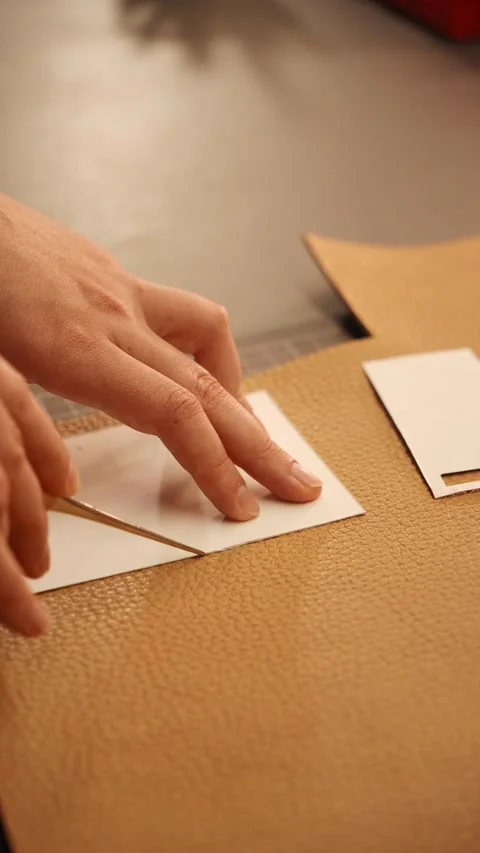 Female artisan cuts a paper pattern on natural leather at a workbench. Handmade Stock Footage 345970543