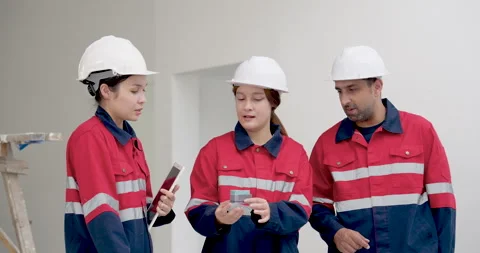 Female Asian engineer checks construction report while inspector and contractor Stock Footage 342227053