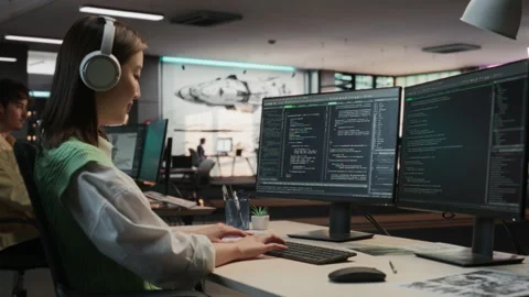 Female Asian Programmer Coding In Game Development Office Stock Footage 255795429