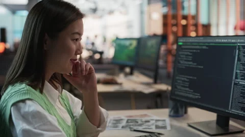 Female Asian Programmer Coding In Game Development Office Stock Footage 255795994