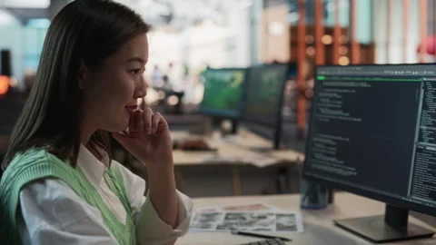 Female Asian Programmer Coding In Game Development Office Stock Footage 255796293