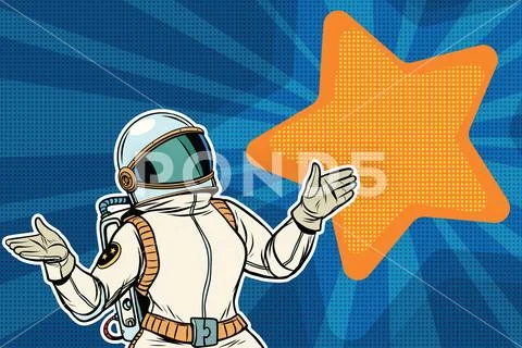 Female astronaut opened his arms dream star background Stock Illustration