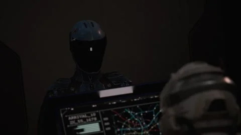 Female astronaut working at computer keyboard in science fiction office 02 Stock Footage 258899474