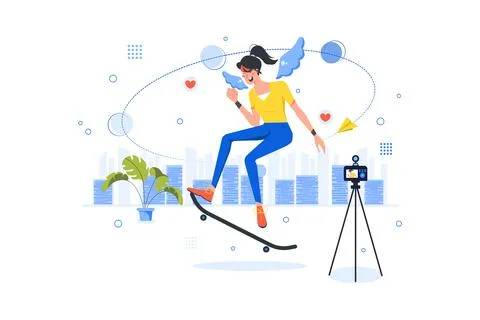 Female Athlete Making Vlog While Skateboarding Stock Illustration