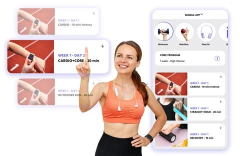 Female athlete selects a workout program on a virtual screen. Online fitness  Stock Photos