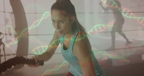 Female athlete starting pull, doing alternating rope waves for boxing work, DNA Stock Footage 331833151