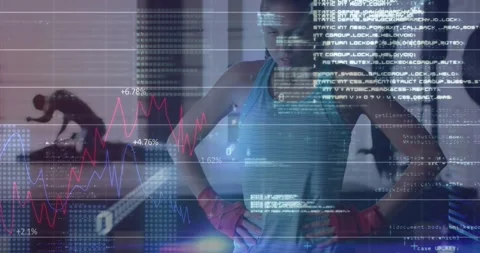 Female athlete wrapping hands, causing fitness HUD with charts and code Stock Footage 334835524