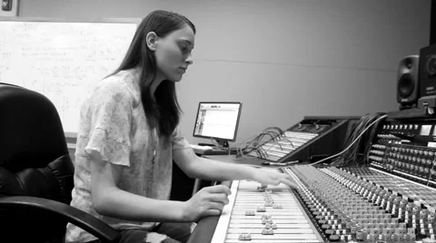 Female Audio Engineer at Console (Black &amp; White) Video stock 54671632