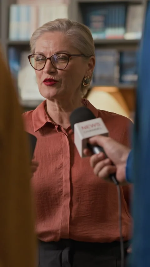 Female Author Giving On Camera Interview to News Reporters at Bookstore Stock Footage 310101350