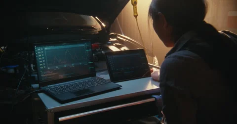 Female Auto Expert Synchronizing Diagnostic Software Across Laptop and Tablet Stock Footage 330269056
