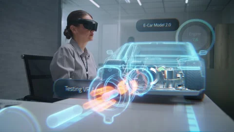 Female Automotive Engineer Uses Augmented Reality Hologram to Create 3D Electric Stock Footage 305826005