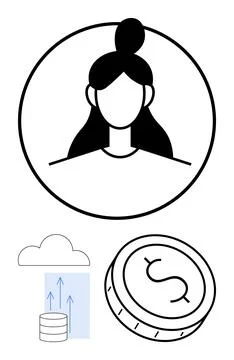Female avatar, cloud-based data storage icon, and coin with dollar sign for.. Stock Illustration