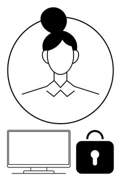 Female avatar inside circle with computer monitor and lock symbolizing digi.. Illustrazione stock