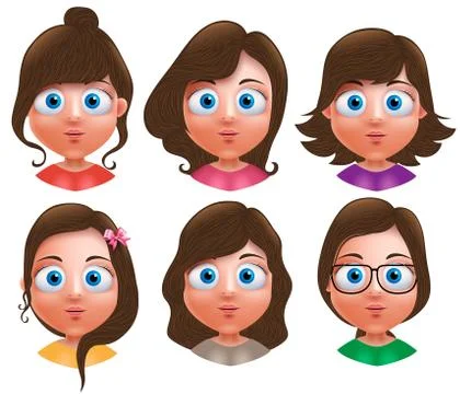 Female avatar vector characters. Set of teenager girls head Stock Illustration