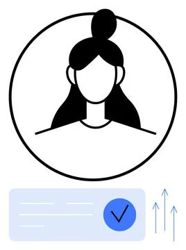 Female avatar within circular frame, check mark in blue circle on card, three Illustrazione stock