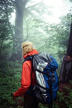 Female backpacker in the forest. 스톡 사진