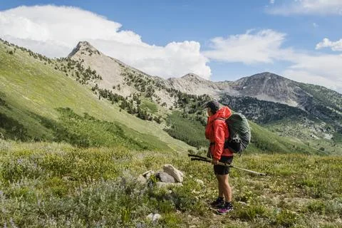 Female backpacker hiking along Ruby Crest National Recreation Trail, Elko, Stock Photos